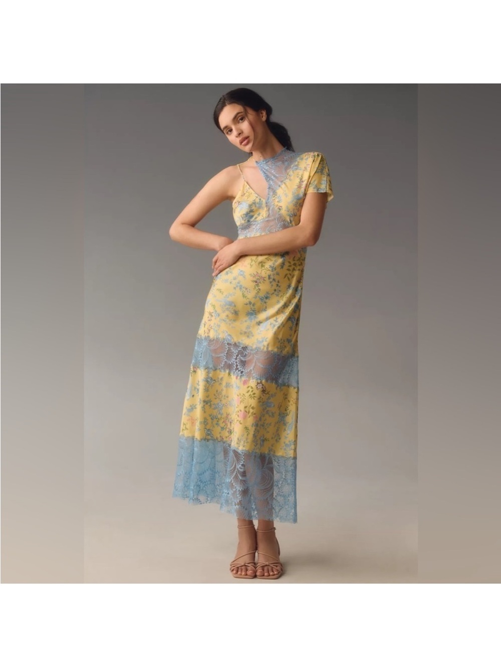 Anthropologie Yellow and Blue One-Shoulder Lace-Trim Midi Dress